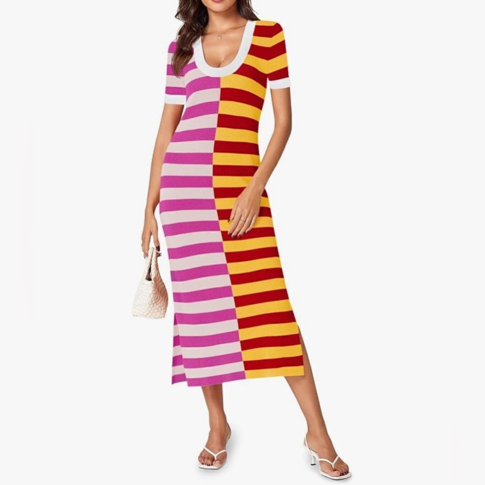 Wenrine Womens Short Sleeve Striped Dress Summer Knitted Scoop Neck Color Block